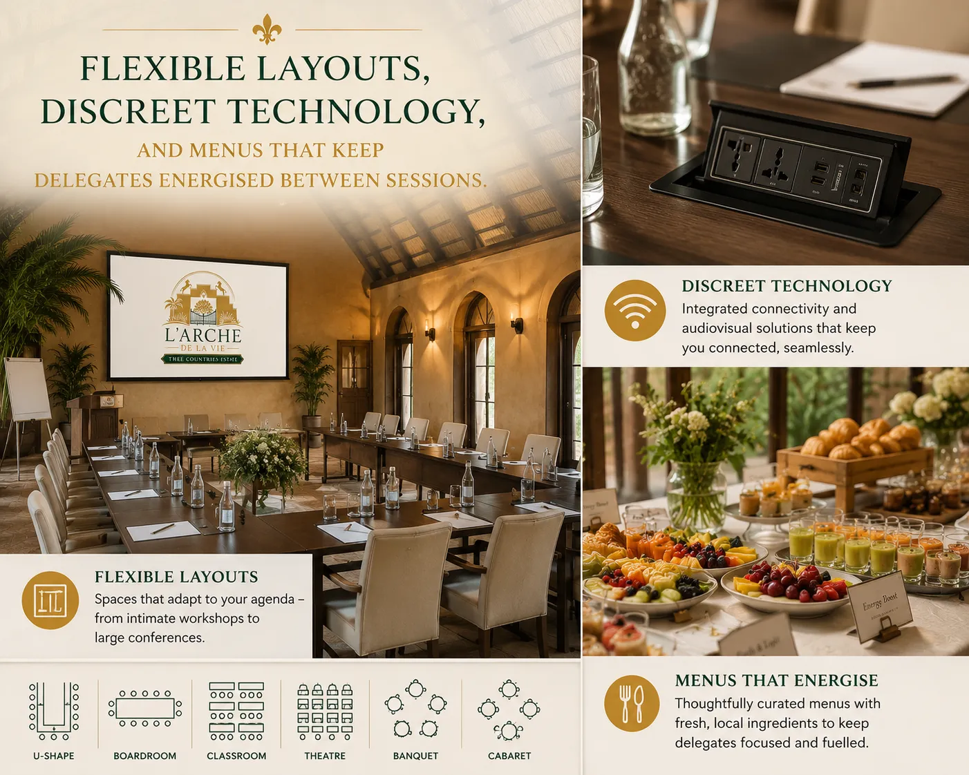 Conference venue at L'Arche De La Vie Estate prepared for a corporate event